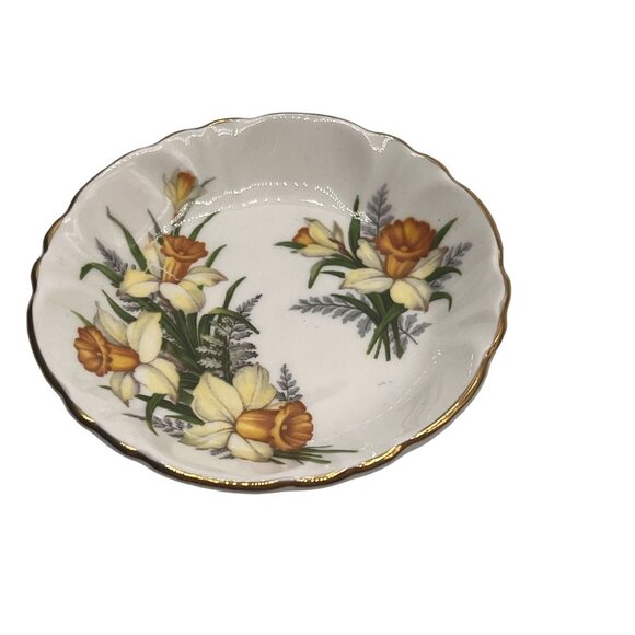 Royal Windsor England White Trinket Dish Yellow Floral Gold Rim Fine Bone China - Picture 2 of 13